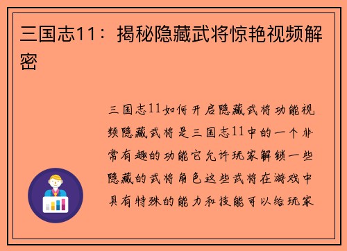 三国志11：揭秘隐藏武将惊艳视频解密